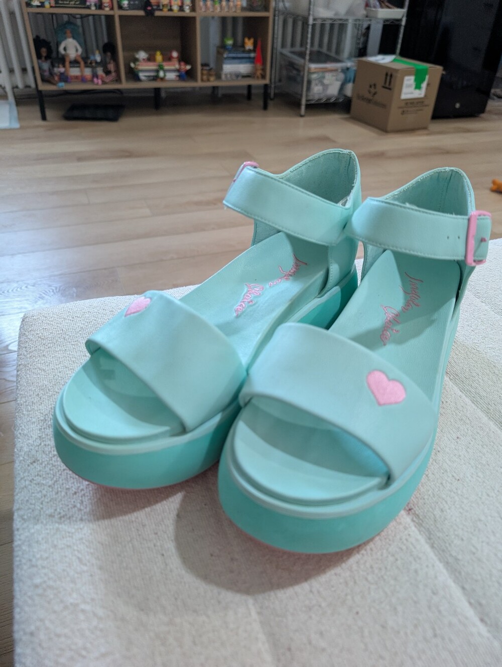 Irregular Choice Mint Green Platform Sandals with Pink Heart Accent